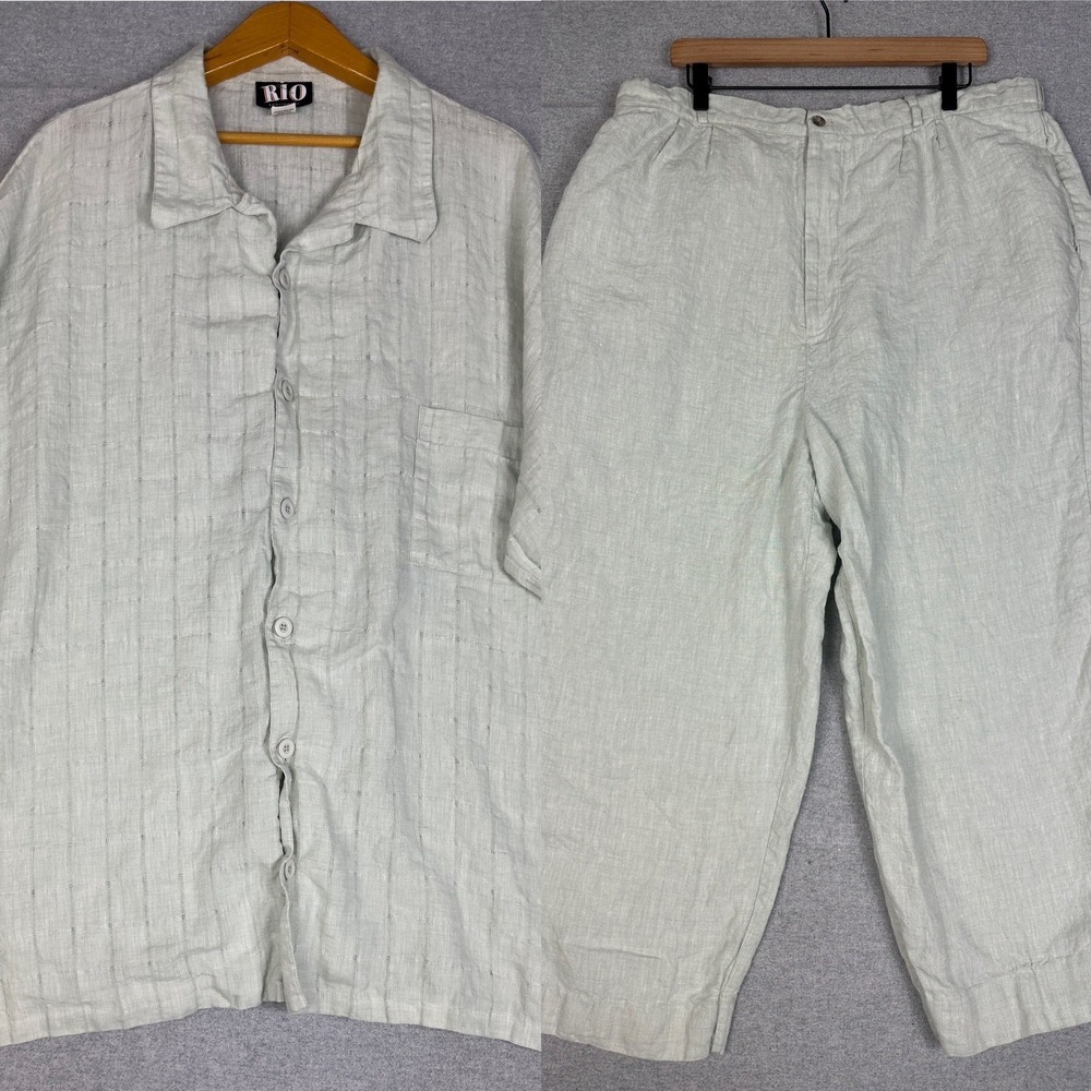 Rio 100% Linen Shirt Pants Set Mens 2X Cream Green Short Sleeve Cropped Pants
